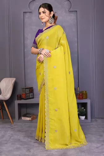 Yellow crunchy silk embroidery work saree with contrast blouse piece