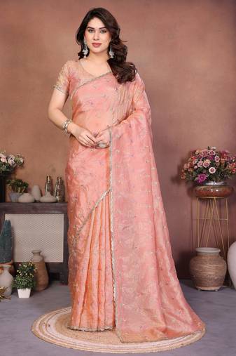 Peach crepe sequence multi work saree with matching blouse piece