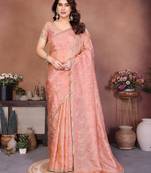 Peach crepe sequence multi work saree with matching blouse piece