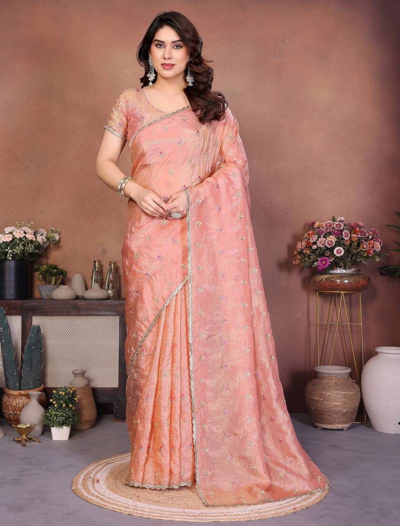 Peach crepe sequence multi work saree with matching blouse piece