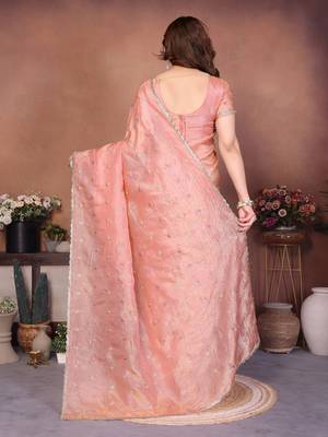 Peach crepe sequence multi work saree with matching blouse piece 2