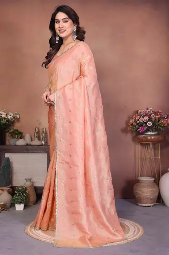 Peach crepe sequence multi work saree with matching blouse piece