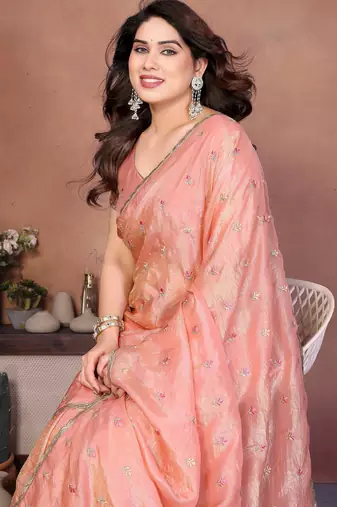 Peach crepe sequence multi work saree with matching blouse piece