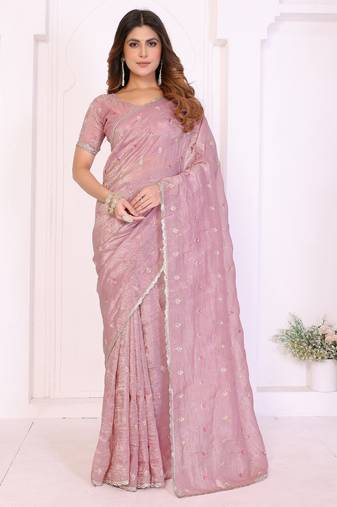 Pink crepe sequence multi work saree with matching blouse piece