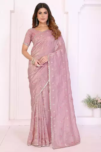 Pink crepe sequence multi work saree with matching blouse piece