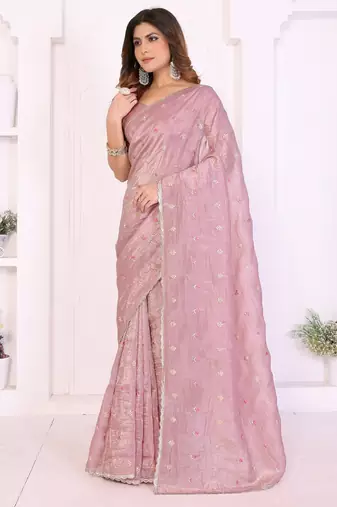 Pink crepe sequence multi work saree with matching blouse piece