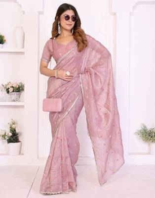 Pink crepe sequence multi work saree with matching blouse piece 4