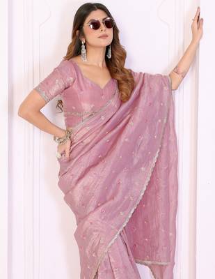Pink crepe sequence multi work saree with matching blouse piece 5