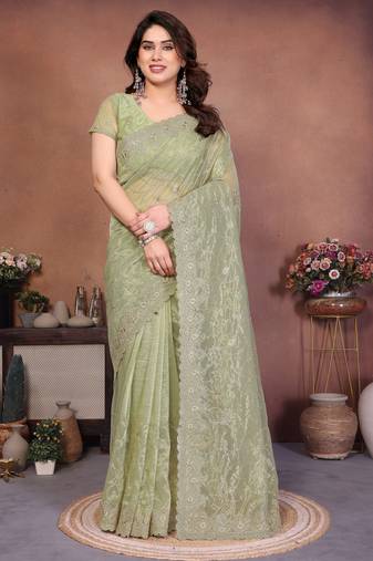 Green twill net embroidery work saree with matching blouse piece