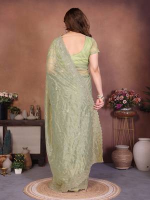 Green twill net embroidery work saree with matching blouse piece 2