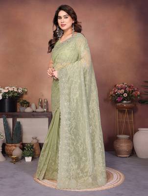 Green twill net embroidery work saree with matching blouse piece 3