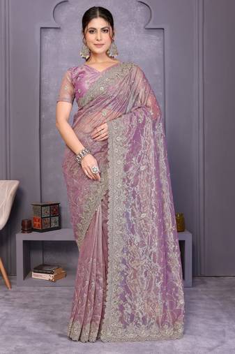 Lavender twill net embroidery work saree with matching blouse piece