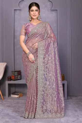 Lavender twill net embroidery work saree with matching blouse piece