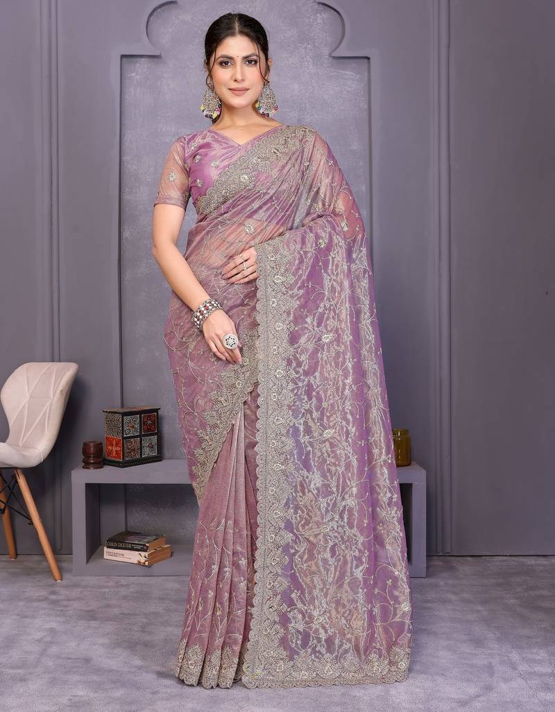 Lavender twill net embroidery work saree with matching blouse piece