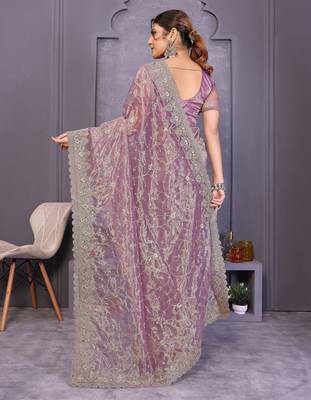 Lavender twill net embroidery work saree with matching blouse piece 2