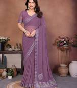 Lavender georgette embroiderd lace work saree with matching blouse piece