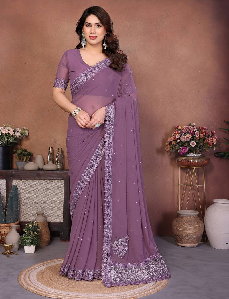 Lavender georgette embroiderd lace work saree with matching blouse piece