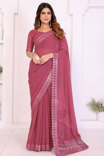 Pink georgette embroiderd lace work saree with matching blouse piece