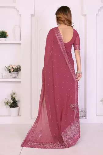 Pink georgette embroiderd lace work saree with matching blouse piece