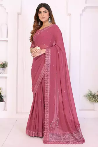 Pink georgette embroiderd lace work saree with matching blouse piece