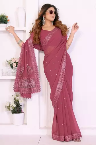 Pink georgette embroiderd lace work saree with matching blouse piece