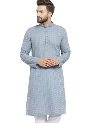 Light grey chikankari cotton embroidery men kurta 2