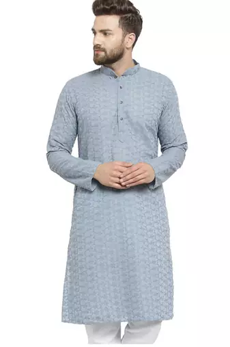 Light grey chikankari cotton embroidery men kurta
