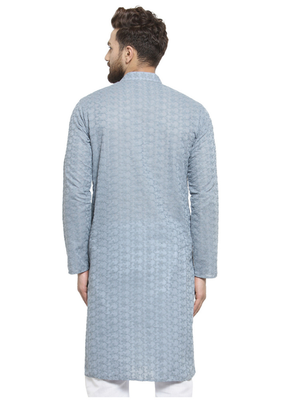 Light grey chikankari cotton embroidery men kurta 3