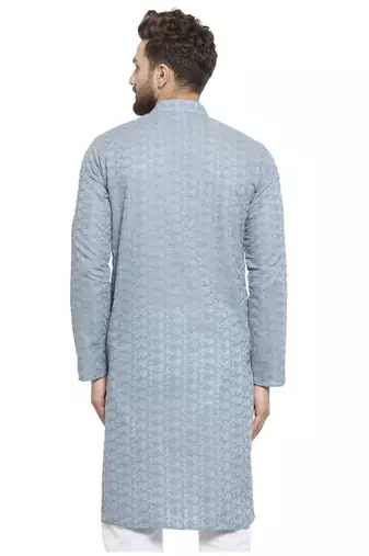 Light grey chikankari cotton embroidery men kurta