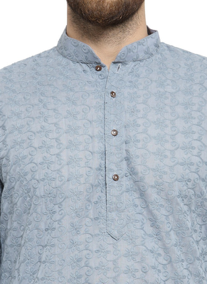 Light grey chikankari cotton embroidery men kurta 4