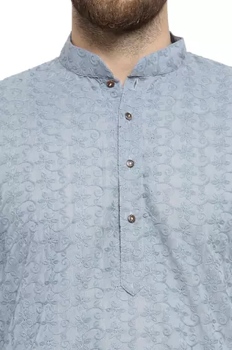 Light grey chikankari cotton embroidery men kurta