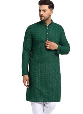 Green chikankari cotton embroidery men kurta 1
