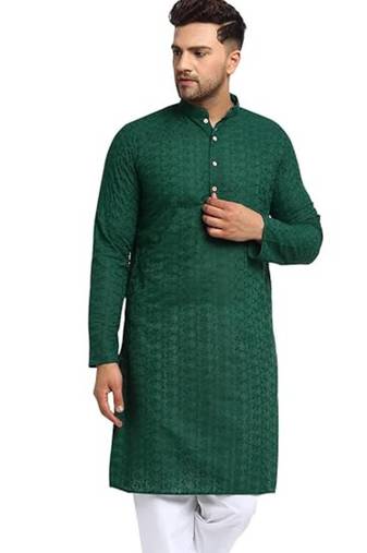 Green chikankari cotton embroidery men kurta
