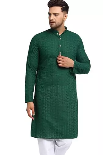 Green chikankari cotton embroidery men kurta