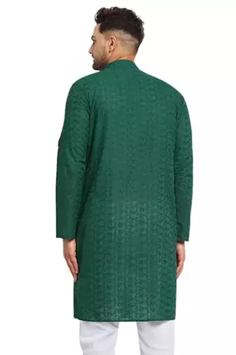 Green chikankari cotton embroidery men kurta
