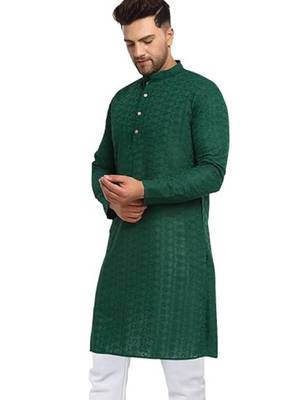 Green chikankari cotton embroidery men kurta 3