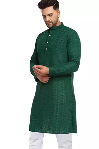 Green chikankari cotton embroidery men kurta