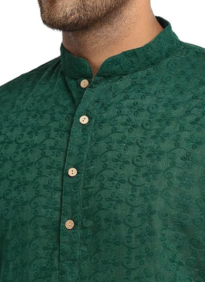 Green chikankari cotton embroidery men kurta 5