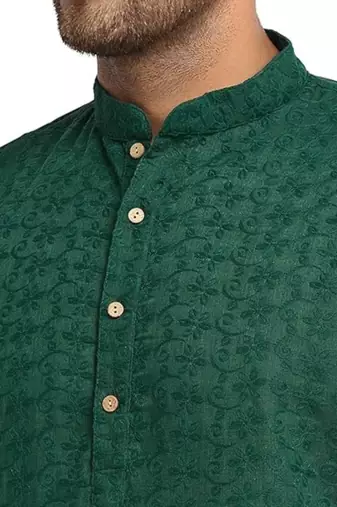 Green chikankari cotton embroidery men kurta