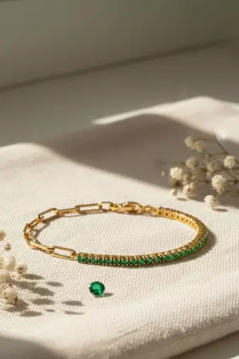 Green Tennis Bracelet | 925 Silver Gold Plated Trendy Link Bracelet for Women