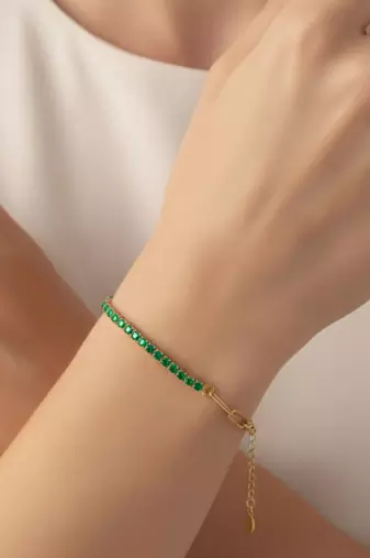 Green Tennis Bracelet | 925 Silver Gold Plated Trendy Link Bracelet for Women
