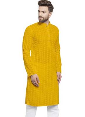 Yellow chikankari cotton embroidery men kurta 1