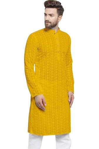Yellow chikankari cotton embroidery men kurta