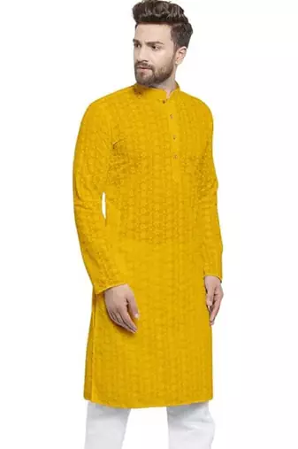 Yellow chikankari cotton embroidery men kurta