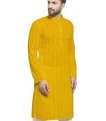 Yellow chikankari cotton embroidery men kurta