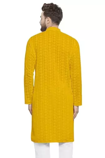 Yellow chikankari cotton embroidery men kurta