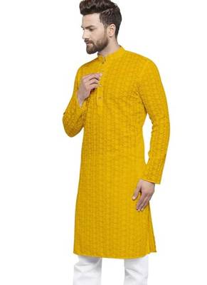 Yellow chikankari cotton embroidery men kurta 3