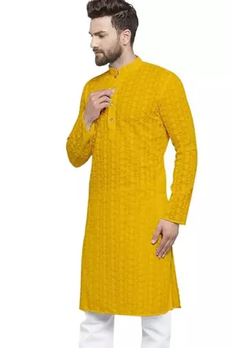 Yellow chikankari cotton embroidery men kurta