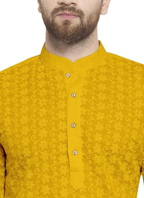 Yellow chikankari cotton embroidery men kurta 4