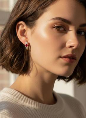 Red 3 Stone Huggie Earrings | Prism Glow 925 Silver Minimal Luxury Jewellery 3